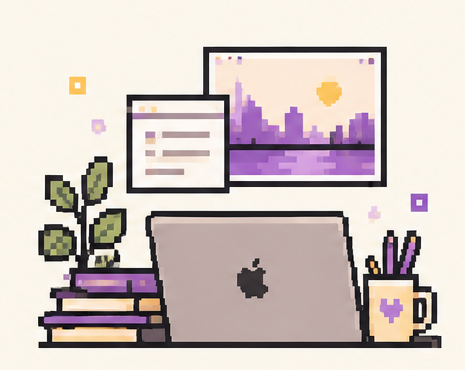 A pixel-art desk: a laptop, a stack of books, a plant and a mug